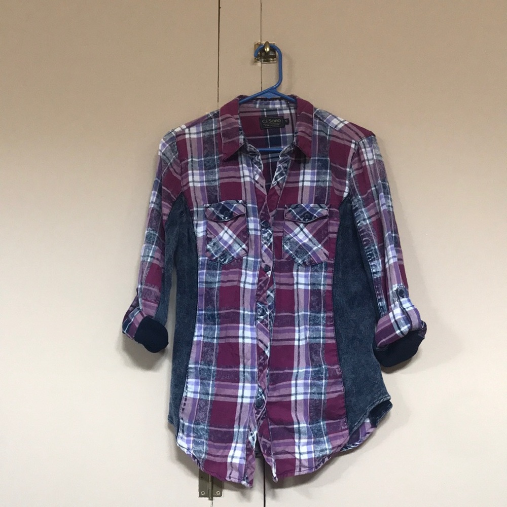Purple plaid button up shirt. Size Sm